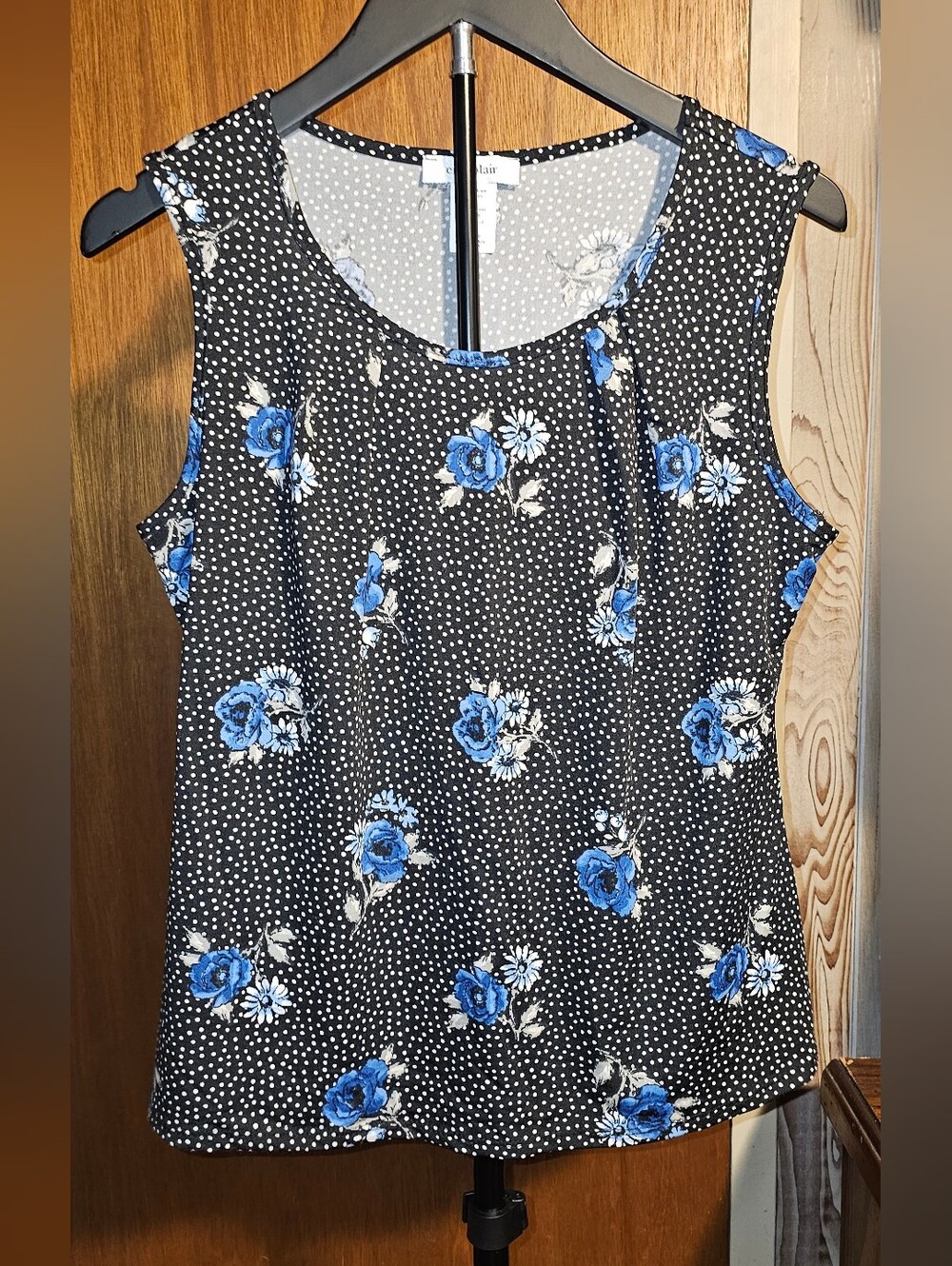 Black Floral Sleeveless Tank with Blue Roses